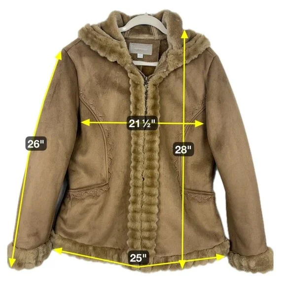 Faux Suede Jacket Womens SZ XL Faux Fur Trim Hood Embroidered Floral Soft Brown - Picture 3 of 11